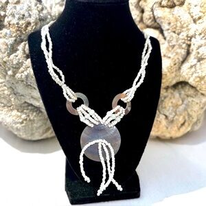 White Abalone Necklace with White Seed Beads & Shiny Silver Toned Abalone Rings